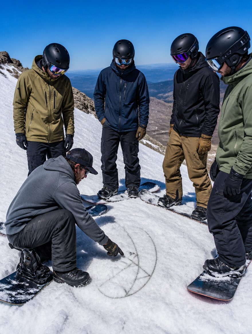 Coach briefing a small group of adult riders on the glacier