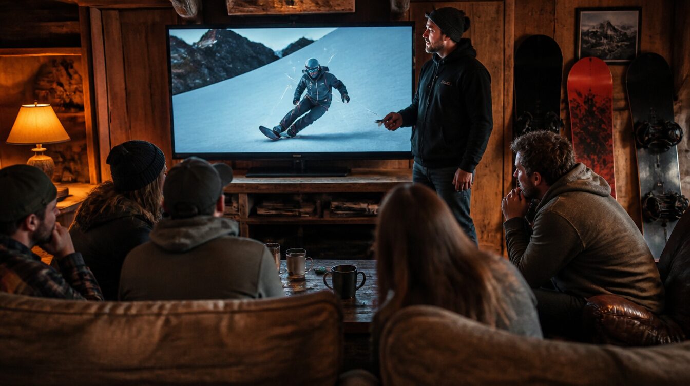 Evening video analysis session in the lodge